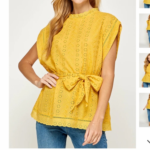 NWT See and Be Seen Eyelet Lace Scallop High Neck Belted Top - Picture 2 of 4